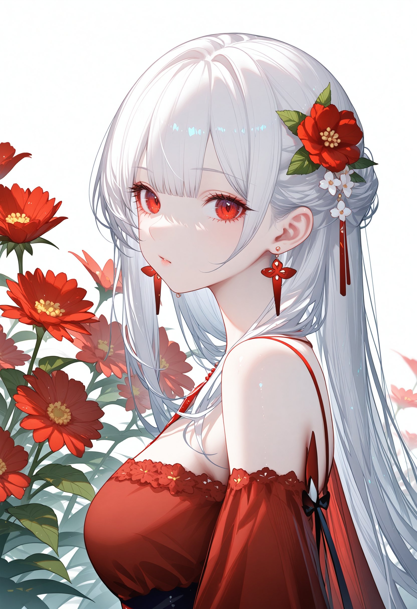 1girl, solo, upper body, hair ornament, long hair, breasts, looking at viewer, red eyes, bare shoulders, white background, bangs, simple background, flower, jewelry, earrings, red flower, hair flower, blurry, dress, white hair,BREAK fine fabric emphasis,best quality,masterpiece,best quality,amazing quality,very aesthetic,absurdres,best quality,amazing quality,very aesthetic,absurdres,Highly detailed,best quality,masterpiece,Highly detailed,<lora:珊瑚鲨XL:1>,