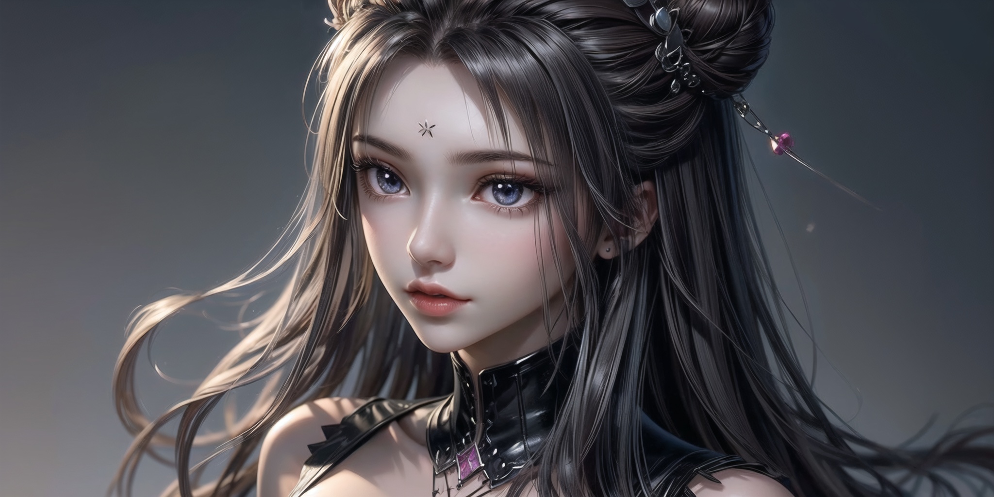 masterpiece,best quality,illustration,anime,looking at viewer,simple gray background,portrait,upper body,1girl,solo,long hair,black hair,breasts,lips,double_bun,medium breasts,closed mouth,hair ornament,clothing cutout,brown hair,cleavage,<lora:add_detail:1>,<lora:yueguan_20240305182317:0.7>,