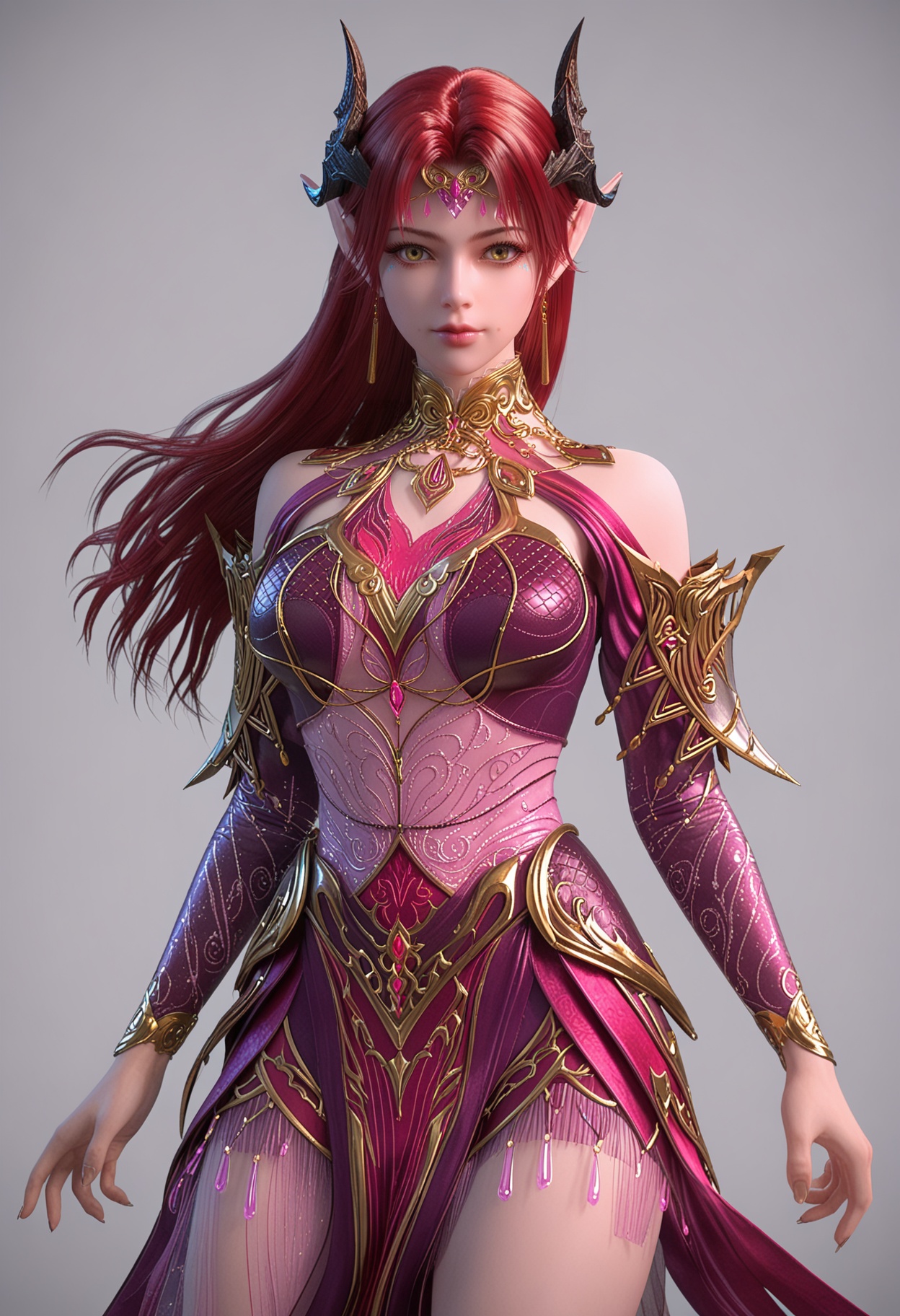 score_9,high detail,best quality,shiny skin,shiny,yaoyexun,1girl,solo,yellow eyes,red hair,long hair,jewelry,white background,pointy ears,horns,earrings,simple background,bare shoulders,breasts,dress,lips,closed mouth,armor,barefoot,realistic,looking at viewer,cowboy shot,thighs,<lora:QQSponyyaoyexunV1:0.8>,<lora:Pony_DetailV2.0:0.8>,<lora:皮肤凹痕:0.1>,