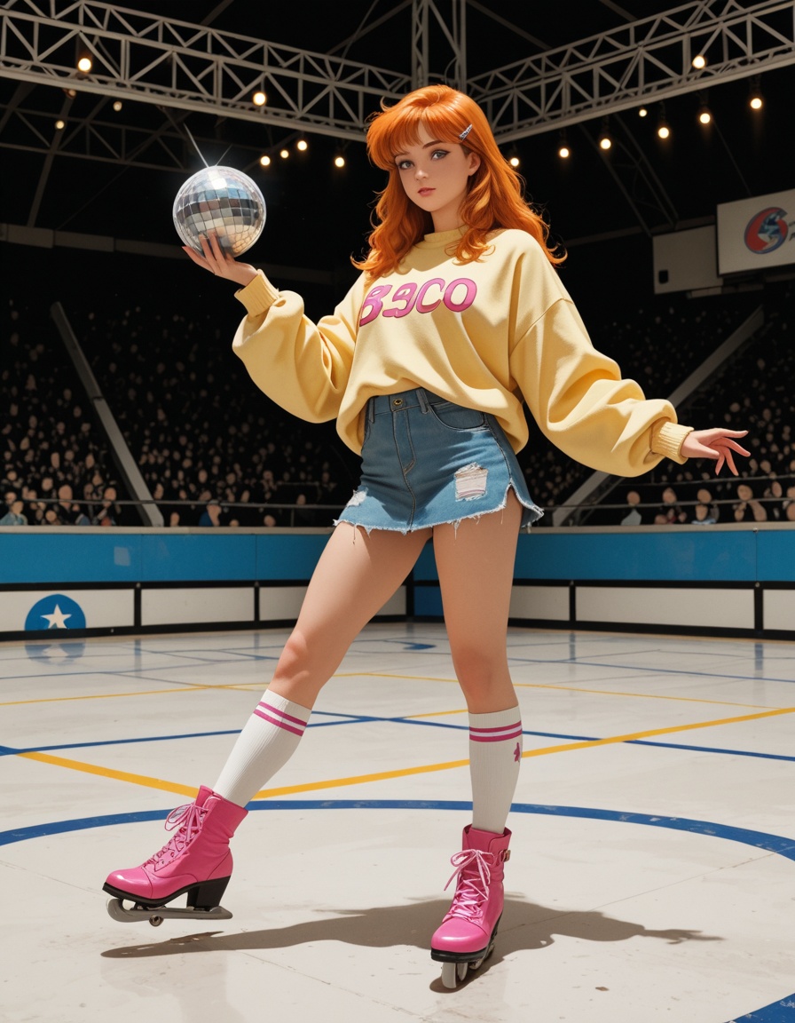 lazypos,  80s style of young woman A retro roller skating rink with a glittering disco ball overhead,  where skaters glide...