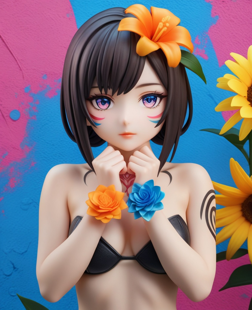 (,1girl, ,best quality, ),looking at viewer,  ,,ultra detailed background,ultra detailed background,ultra realistic 8k cg,, ,masterpiece, (( , )),ultra realistic 8k cgSurrounded by strange, movie perspective, advertising style, Colorful background, splash of color A beautiful woman with delicate facial features,tattoo all over body, flower arms,