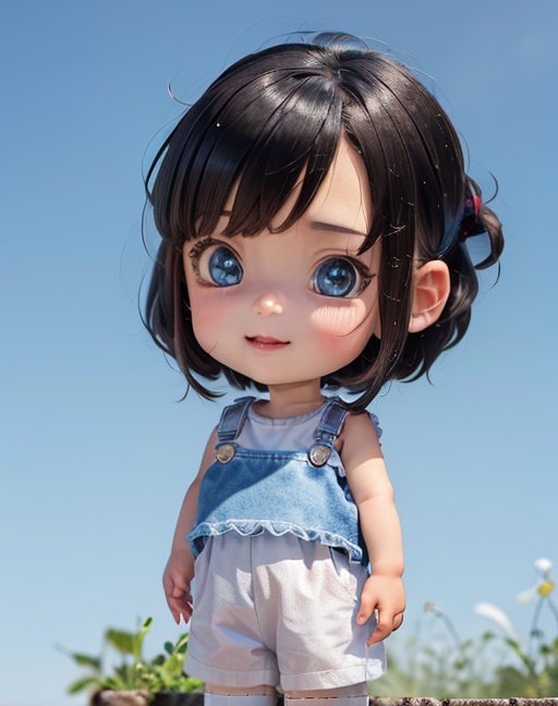 Big head doll,big head, small body, Mini Body,top-heavy, cute,Doll Body,Short hands, short feet,Short legs, 1girl, white shirt, track_pants,( black shor hair,bob cut), smile,    looking at viewer   <lora:bigHeadDoll_v01:1>