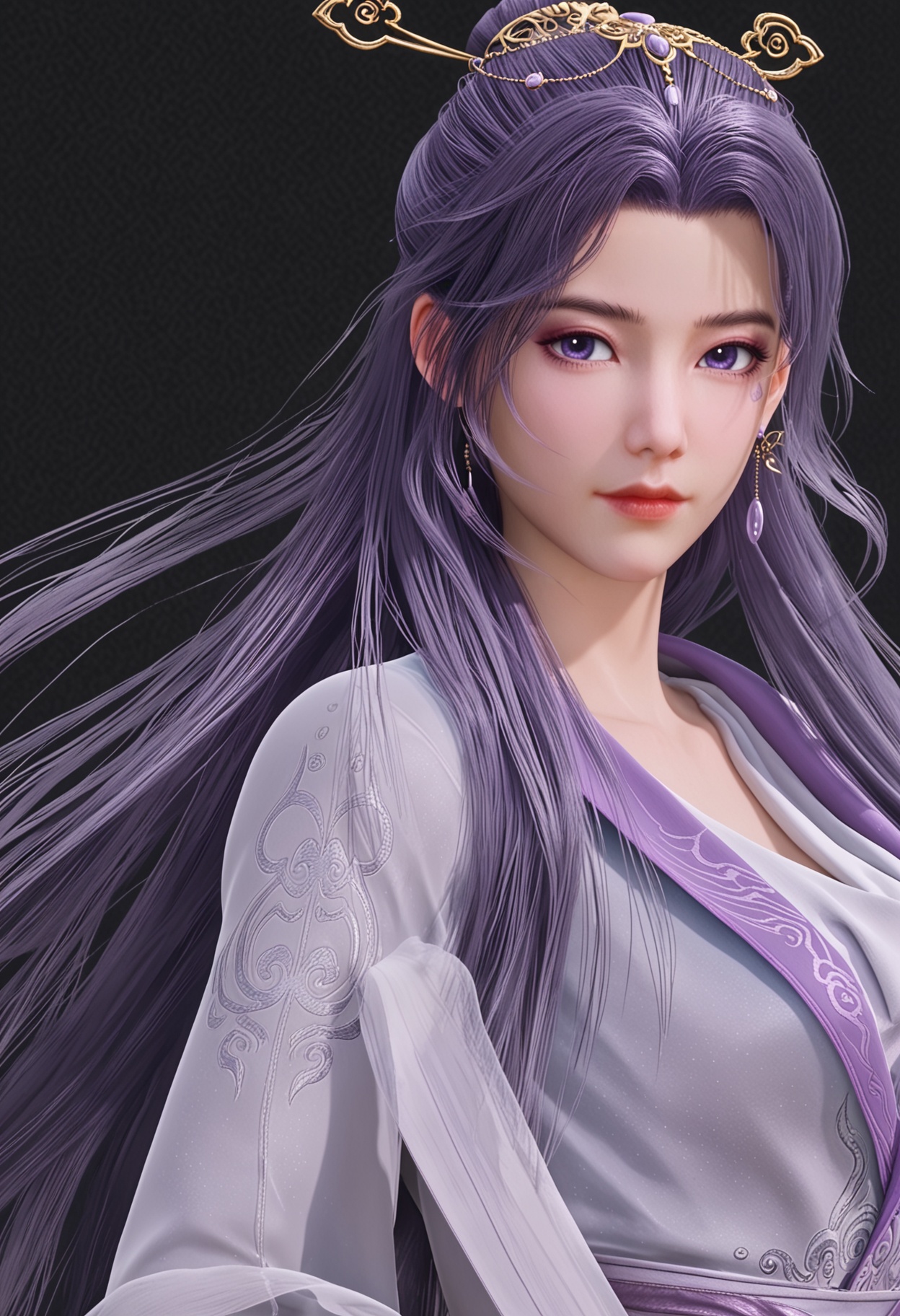 (upper_body:1.2),(masterpiece:1.1),(best quality:1.2),(intricate details),(looking at viewer:1.1),facing viewer,direct gaze,<lora:YQ_pony_yunxiaoxianzi2.0_V5:0.8>,q1528437228,1girl,solo,long hair,purple hair,purple eyes,hair ornament,chinese clothes,dress,jewelry,earrings,hair stick,long sleeves,sash,facial mark,single hair bun,wide sleeves,blue eyes,boots,black hair,shawl,BREAK simple background,pure black background,black background,perfect anatomy,