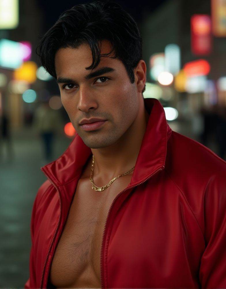 kirk bondad ,  realistic photo in a worn ((skin-revealing skimpy erotic red tracksuit. massive pecs)). big pecs. big arms....