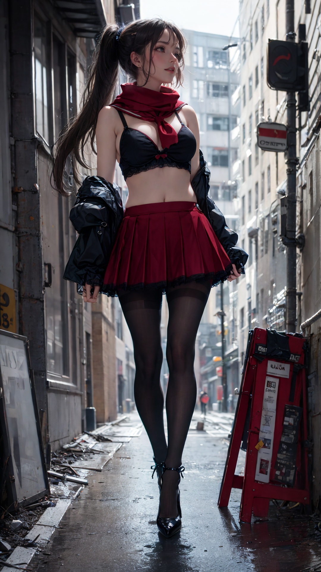 tutututu,red_skirt, school uniform, black_bra, underwear, lingerie, midriff, red_sailor_collar, high heels,(black pantyhose), black and white with bright color details, teenage Sophie Marceau walking alone in a ruined modern city street, facing viewer, wearing a long thin red scarf blowing in the wind, hair tied in ponytail, at night, ultra-sharp, <lora:tutuZFV5_00004:0.8> 