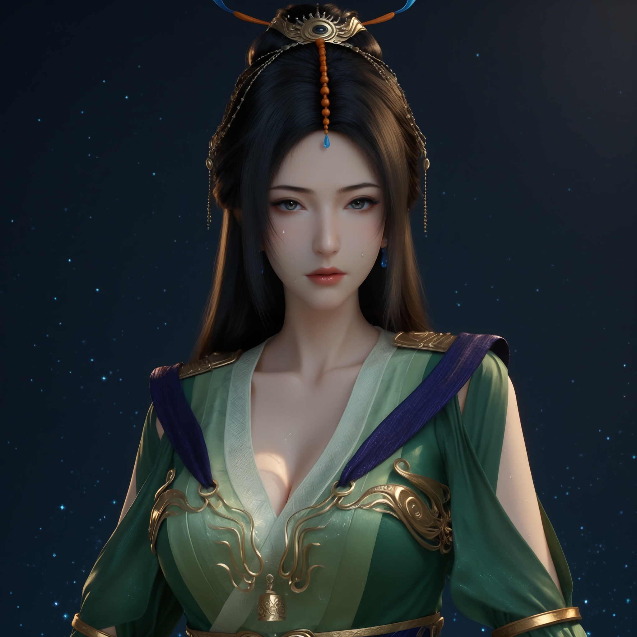 (score_9),upper body,<lora:柳玉-apony:0.83>,liuyu,1girl,solo,long hair,hair ornament,single hair bun,black hair,earrings,traditional dress,green_traditional dress,mature_female,collarbone,pointy breasts,puffy breasts,(large teardrop breasts),teardrop breasts,teardrop breasts,cleavage,BREAK<lora:Expressive_H-000001:0.8>,light blush,Expressiveh,looking at viewer,front view,<lora:皮肤凹痕:1.2>,fair_skin,(pale skin),(sweaty_skin),ultra-detailed skin texture,detailed textures,sweat,sweatdrop,BREAKsimple background,<lora:e色温:-0.25>,sparkle,sparkle background,fluorescence,fluorescent,4K ultra HD,sharp focus,high detail,high contrast,