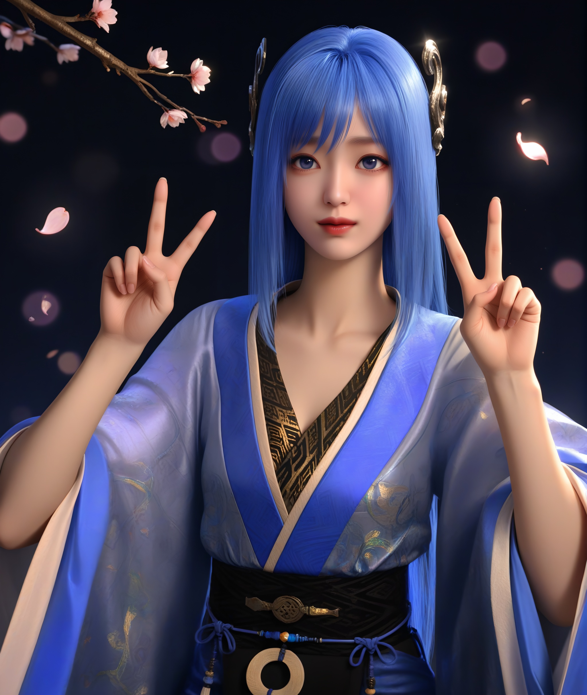(score_9),cute,narrow waist,(glamor:1.1),<lora:蓝葵-ill-000008:0.83>,1girl,solo,blue hair,long hair,blue eyes,hair crown,lankui,chinese clothes,hanfu,chinese embroidery,layered design,collarbone,looking at viewer,upper body,realistic,double v,BREAKtwig,branch,falling petals,simple background,black background,rim light,Volumetric Lighting,lens flare,Tyndall effect,depth of field,bokeh,sparkle,