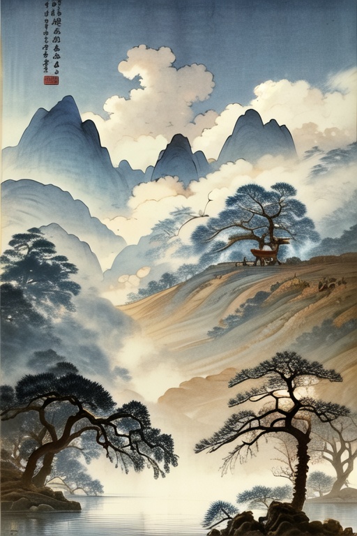 Porcelain landscape painting,outdoors,sky,day,cloud,water,tree,no humans,animal,cloudy sky,scenery,mountain,antlers,deer,