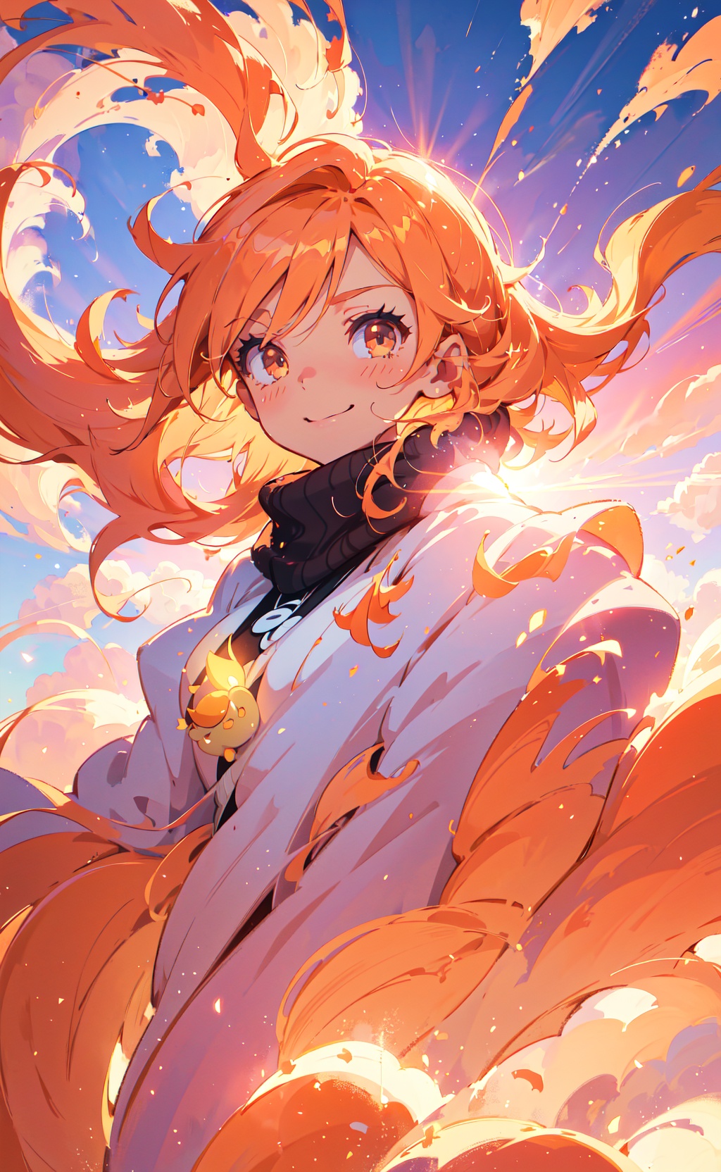 powerpuff girls style,  illustration of a girl floating in the sky,  scarf on Tensor.Art