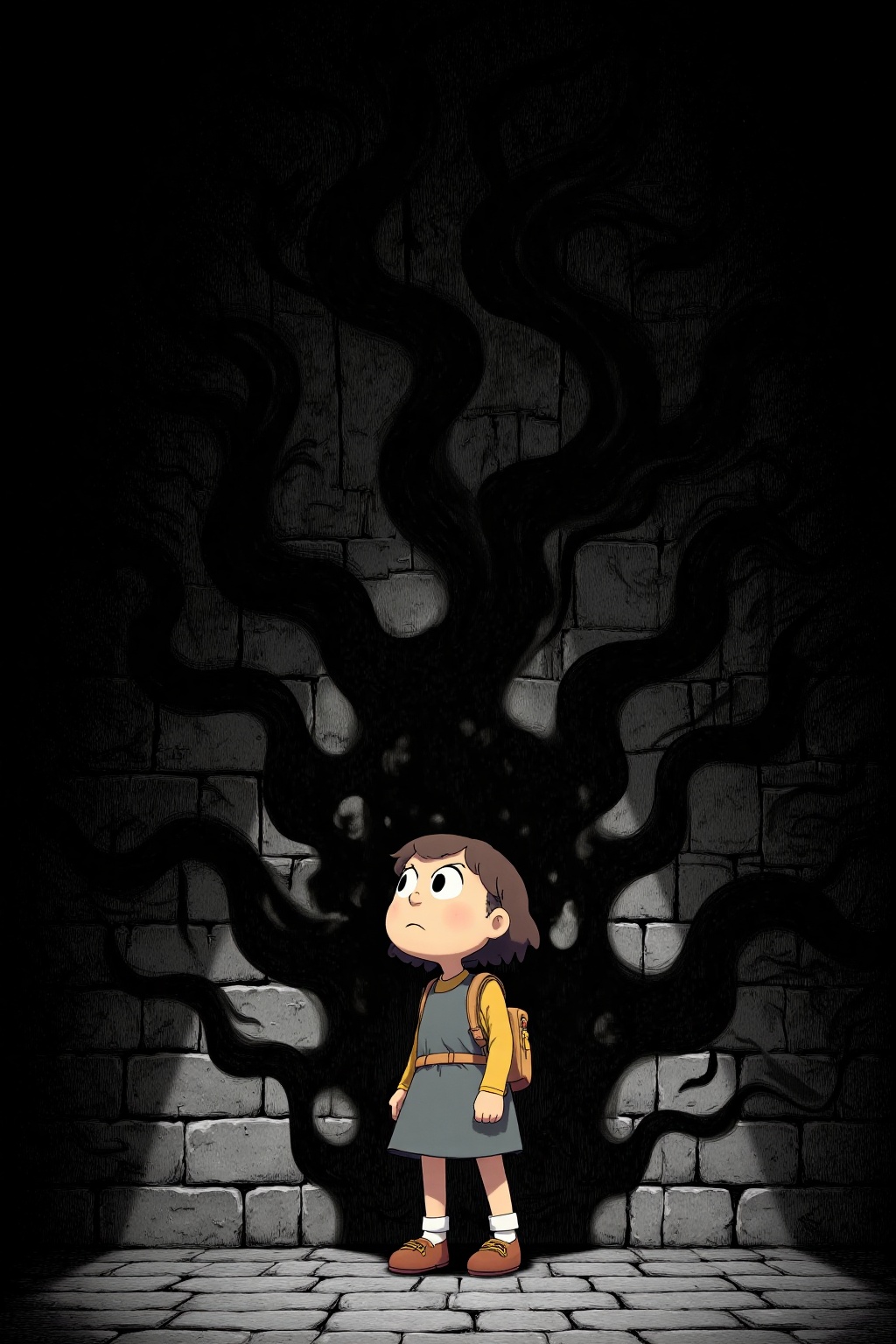 beijihui,a cartoon character stands in front of a dark backdrop of a black wall. The character's shadow is cast on the wall behind her, adding a touch of depth to the scene. She is wearing a gray dress, with a yellow backpack on her back, and brown shoes. Her hair is short and brown, and her eyes are open, as if she is looking up at something. The floor beneath her is made up of gray bricks, and the background is dark, creating a stark contrast to the character.