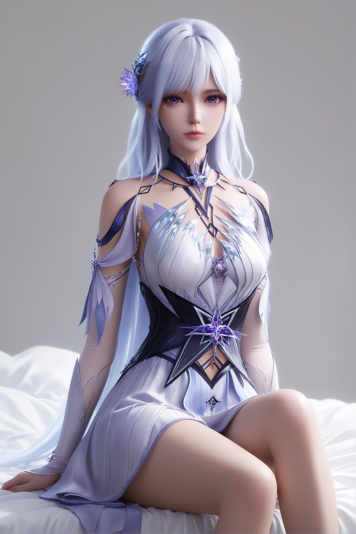 masterpiece,best quality,realistic,cinematic,detail eyes,(ultra-detailed),perfect composition,intricate details,absurdres,detailed face,high quality,high res,8K,<lora:X_shengcaier_sjjx_IL3.0:0.8>,1girl,long hair,breast,medium breast,hair_ornament,dress,white hair,purple eyes,bare_legs,sitting,white_dress,bed,simple background,looking_at_viewer,
