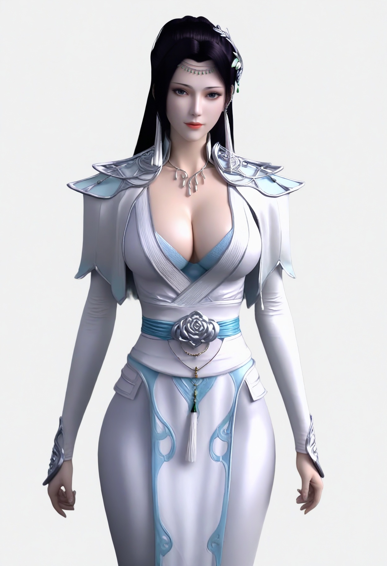 fair_skin,white_skin,Ivory_skin,<lora:SF_YunYunAbout3Years3_Pony_Realism2.3-000003:0.7>,hair ornament,black hair,looking at viewer,1girl,standing,breasts,large breasts,dress,solo,simple background,white background,
