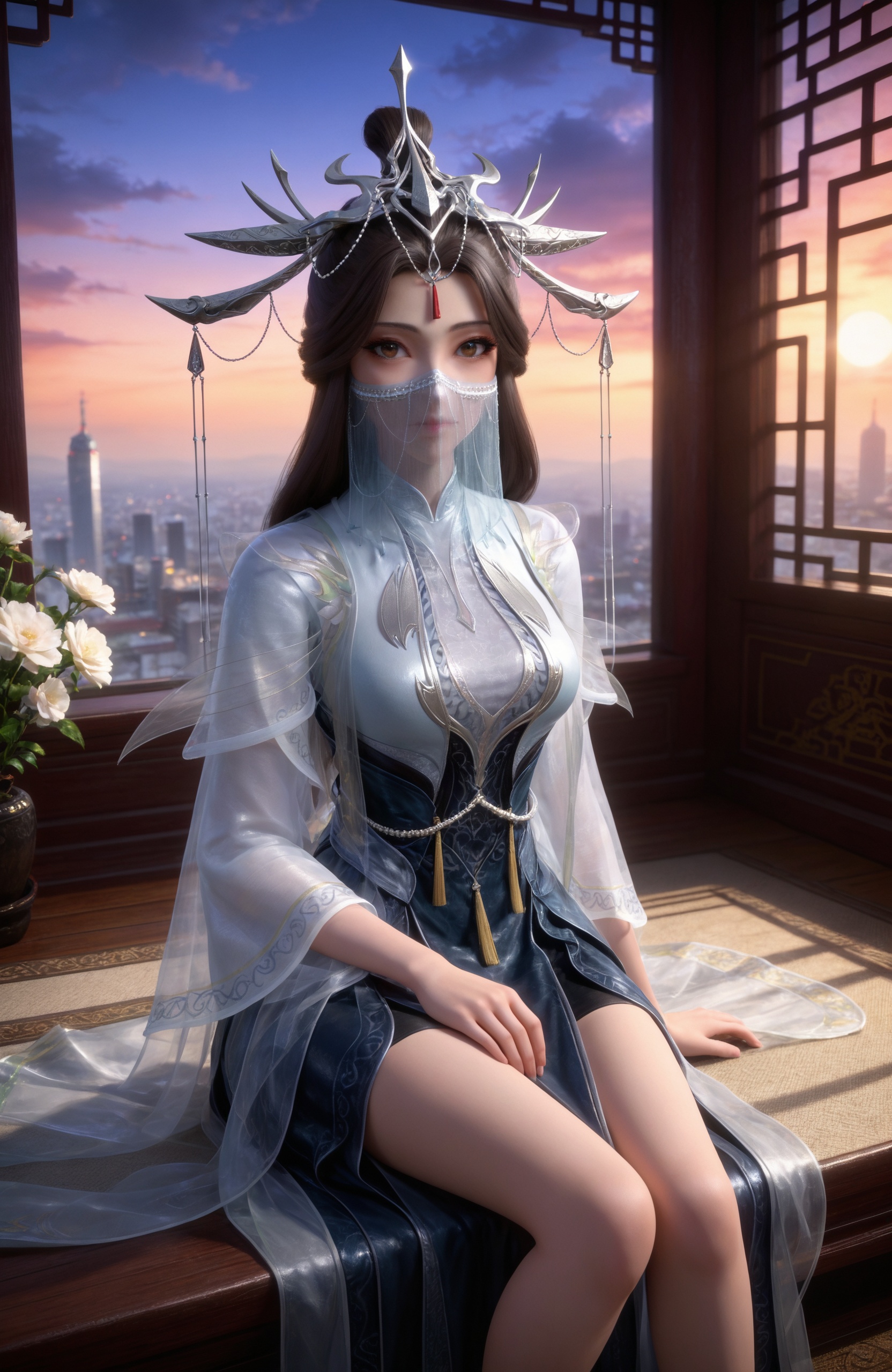 <lora:百炼成神2-玉婆婆Pony:0.7> 1girl, long hair, brown hair, hair ornament, brown eyes,mouth veil, hair bun, tiara,dress, chinese clothes, see-through, white dress,black dress, bare legs,green footwear,, 1girl,solo,sitting,window,frills,sky,cloud,indoors,cityscape,closed_mouth,sun,looking at viewer,