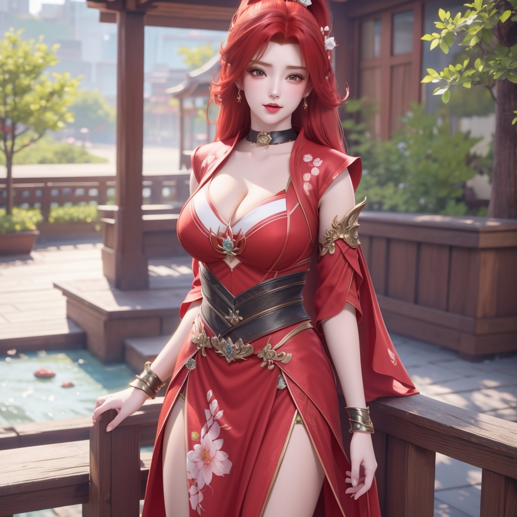 <lora:斗破苍穹-唐火儿:0.8>,red hair,   (,1girl, ,best quality, ),looking at viewer,  ,ultra detailed background,ultra detailed background,ultra realistic 8k cg,, ,masterpiece, (( , )),, ,   ,   cure blossom,  ,,  (cleavage), (), ,,