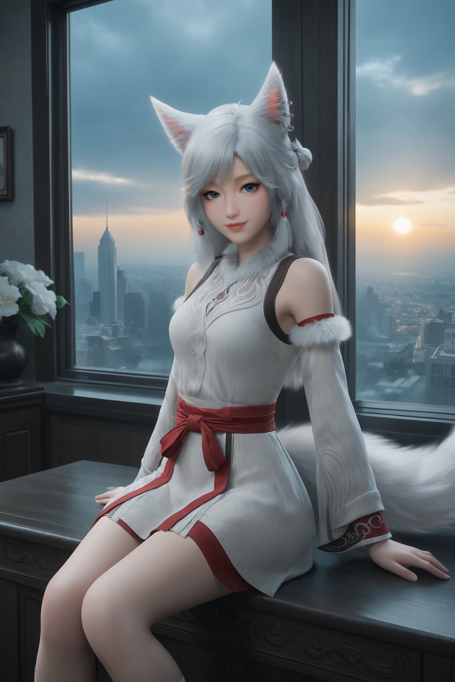 1girl,solo,sitting,window,frills,sky,cloud,indoors,cityscape,closed_mouth,sun,looking at viewer,<lora:凡人-银月Pony:0.7>,1girl,long,flowing white hair,fox ears and tail,small hairpin,blue eyes,sleeveless,white dress with intricate silver embroidery and a red sash tied at the waist. long,flowing sleeves,white fur,