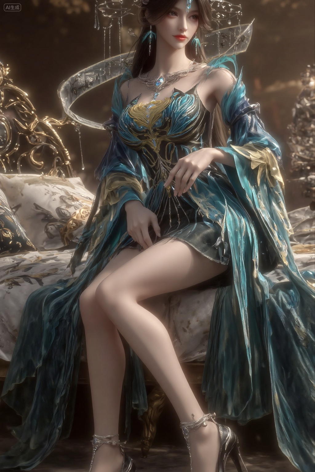Digital CGI artwork of a slender,fair-skinned woman with long brown hair,wearing an ornate,flowing blue and gold dress with intricate patterns,and a matching headpiece.,(very long legs,Diamond-studded high heels:1.5),, She reclines on a luxurious bed,positioned centrally in the frame. Her body is angled slightly to the side,with her right arm bent and resting on the bed,while her left arm is gently placed on her waist. Her legs are slightly bent,with one leg resting over the other,exuding an air of relaxed elegance. The scene is enhanced by warm,golden lighting that casts soft shadows across her figure and the ornate bed,highlighting the intricate details of her attire and the luxurious surroundings.,, masterpiece,best quality,astonishing quality,ultimate aesthetics,absurd,best quality,ultimate aesthetics,masterpiece,emotional masterpiece,extraordinary above all,mastery of details,, Negative prompt: ng_deepnegative_v1_75t,(badhandv4:1.2),EasyNegative,(worst quality:2),,nsfw, Steps: 30, Sampler: DPM++ 2M, CFG scale: 3.5, Seed: 4027582464, Size: 1024x1536, Model hash: 062dad72b2, Model: 麦橘超然majicFlus_v1.safetensors, Denoising strength: 0, RNG: CPU, Lora 1: 20250818-1755535685144-0013, Lora Hash 1: 68527fd6dd, Lora Weight 1: 1.0, Lora 2: 《金芒逸凤》唯美古风主题风格化lora|摄影|海报设计, Lora Hash 2: 779d600c15, Lora Weight 2: 0.7, Controlnet 0: "preprocessor: dw_openpose_full, model: InstantX-FLUX.1-dev-Controlnet-Union-Pro-2.0, weight: 0.7, starting/ending: (0.0, 0.7), resize mode: Crop and Resize, pixel_perfect: False, control mode: Balanced, preprocessor params: (512, None, None)", vae_name: automatic