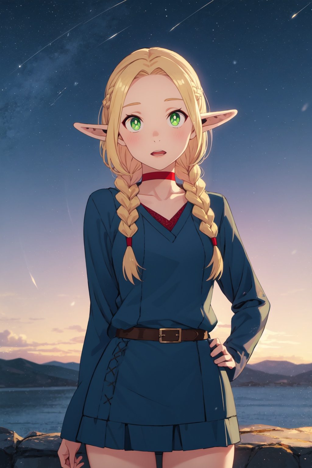 <lora:Marcille:0.7:lbw=midd>,marcille_cyql,1girl,looking at viewer,solo,elf,blonde hair,pointy ears,long hair,green eyes,braid,choker,twin braids,red choker,Ribbed Aran sweater dress with over-the-knee boots and a statement belt,Disgusted, A wrinkled nose, raised upper lip, and a slightly open mouth.,upper_body,beautiful face,beautiful eyes,glossy skin,shiny skin,Tundra, Midnight Sun, Barren, Cold, Landscape, Silence, Horizon, Solitude,(Coastal wildflowers, Coastal cliffs, Pacific Ocean views, Wildflower bloom, Coastal breeze, California landscape:0.6),beautiful detailed sky,beautiful detailed glow,posing in front of a colorful and dynamic background,masterpiece,best quality,beautiful and aesthetic,contrapposto,female focus,wallpaper,fashion,