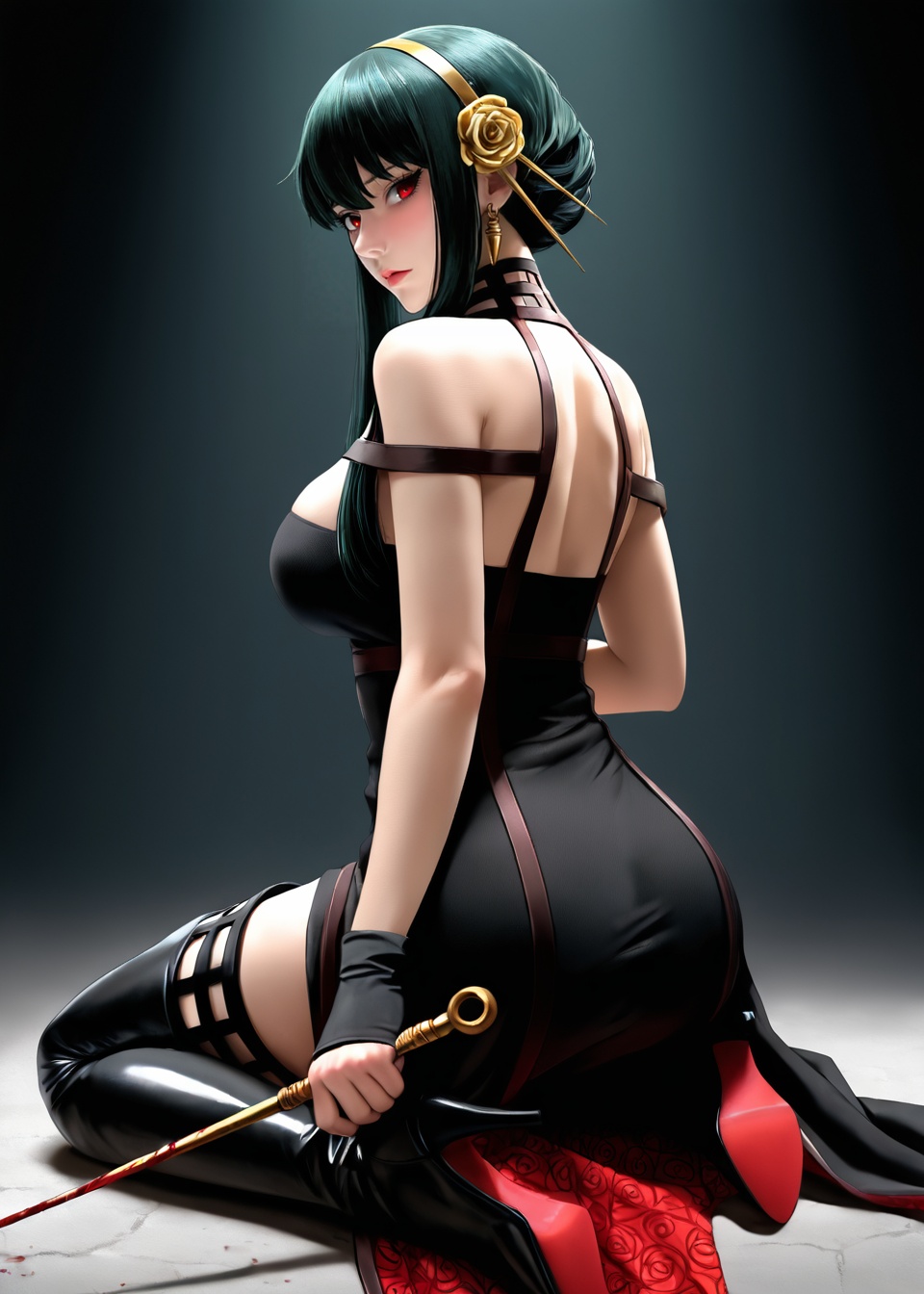 1girl,yor briar,solo,red eyes,weapon,dress,black hair,black dress,holding,sitting,ass,hair ornament,from behind,breasts,flower,thighhighs,knife,looking back,hairband,dagger,hair flower,holding weapon,thigh boots,back,blood,gold hairband,jewelry,earrings,bare shoulders,large breasts,sidelocks,looking at viewer,boots,two-sided fabric,holding knife,holding dagger,black thighhighs,rose,blood on weapon,high heels,