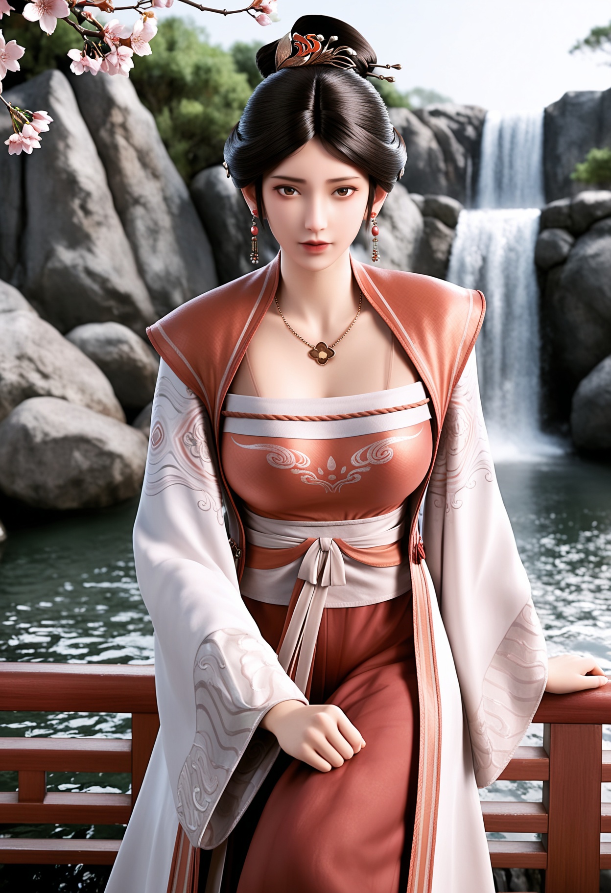 masterpiece,best quality,amazing quality,high resolution,ultra-detailed,absurdres,(looking at viewer:1.1),(moody lighting:1.1),waterfall,peach blossom,falling petals BREAK (large breasts:0.8),xushi,1girl,solo,black hair,jewelry,earrings,realistic,hair ornament,hair bun,necklace,brown eyes,chinese clothes,lips,long sleeves,dress,hanfu,shoes BREAK photorealistic details,<lora:QQSillxushiV1:0.8>,