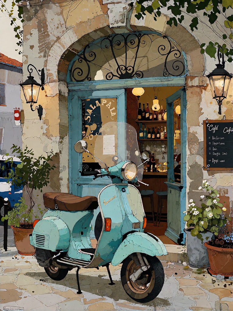 Bradhamel art style. A vibrant,  sunlit cobblestone street scene rendered in the style of a detailed oil painting,  featur...
