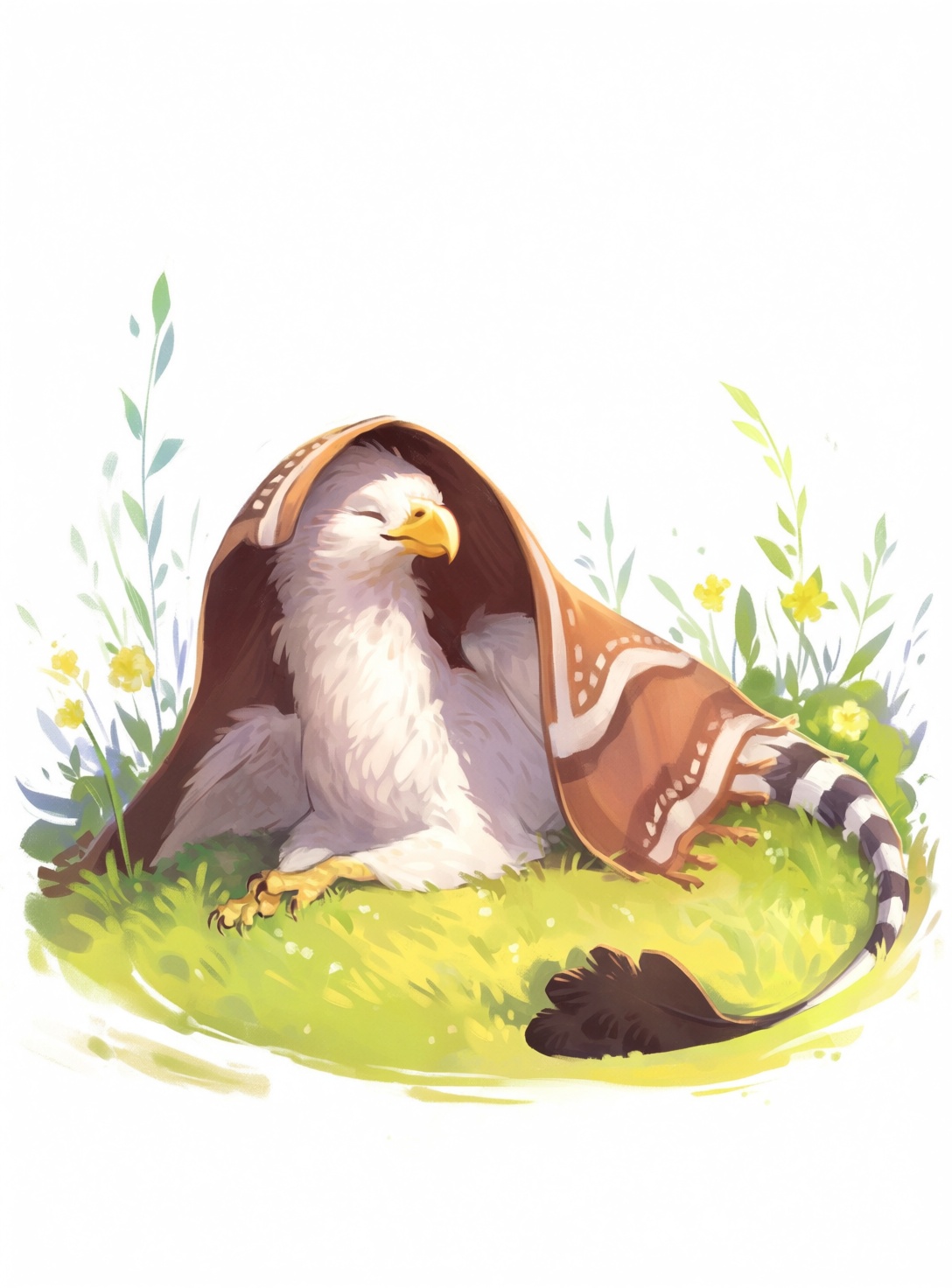 @himmis,  A majestic gryphon stands alone on an outdoor patch of grass against a simple background,  featuring white feath...