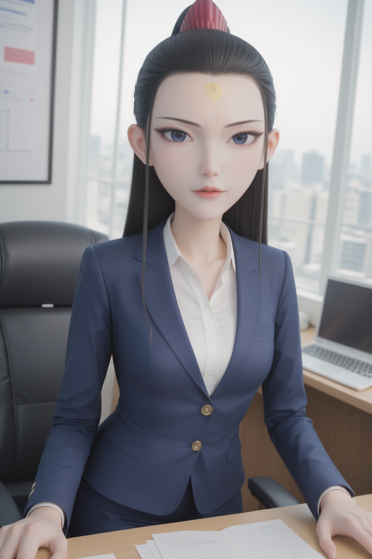 hetong,<lora:hetongXL:0.7>,score_9,score_8_up,source_anime,score_7_up,highly detailed,ultra-high resolution,32K UHD,sharp focus,best-quality,masterpiece,unconventional supreme masterpiece,masterful details,temperate atmosphere,with a high-end texture,in the style of fashion photography,Dynamic Angle,(Dynamic posture:1.1),1girl,medium breasts,long hair,looking at viewer,pale skin,blazer,forehead mark,office,