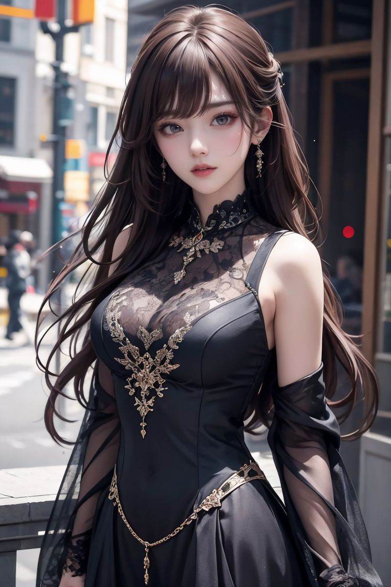 upper body,1girl,brown hair,dress,jewelry,long hair,looking at viewer,solo,
