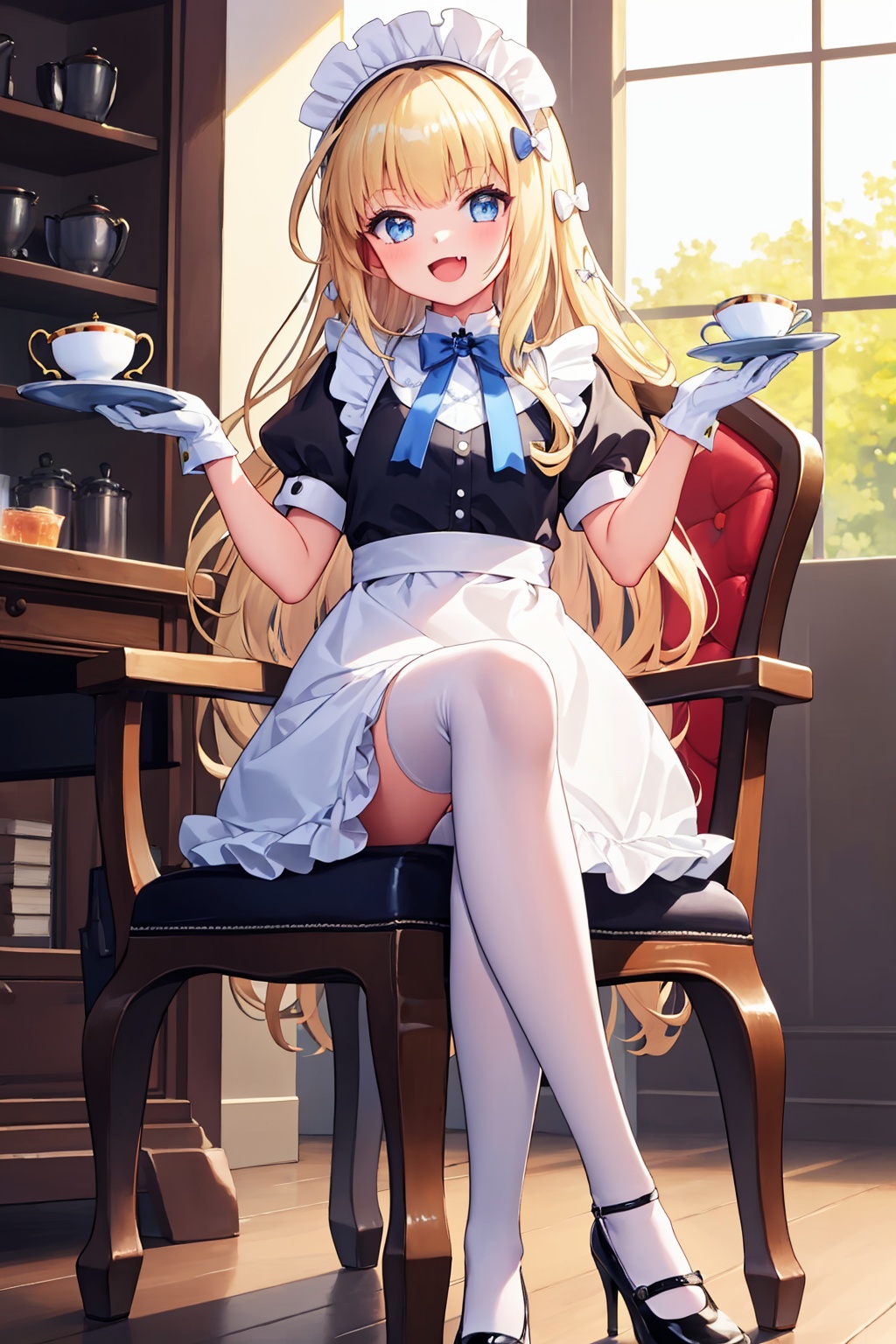 masterpiece,best quality, highly detailed, 1girl,blue dress,looking at viewer,maid,maid apron,maid headdress,official alternate costume,queen elizabeth (azur lane),solo,white apron,white gloves,holding cup,open mouth,sitting,teacup,bow,crossed legs,full body,high heels,white thighhighs,ankle strap,black footwear,chair,frilled apron,short sleeves,skin fang,holding book,open book,shoes,smile,table,<lora:queen_elizabeth_(azur_lane):1>