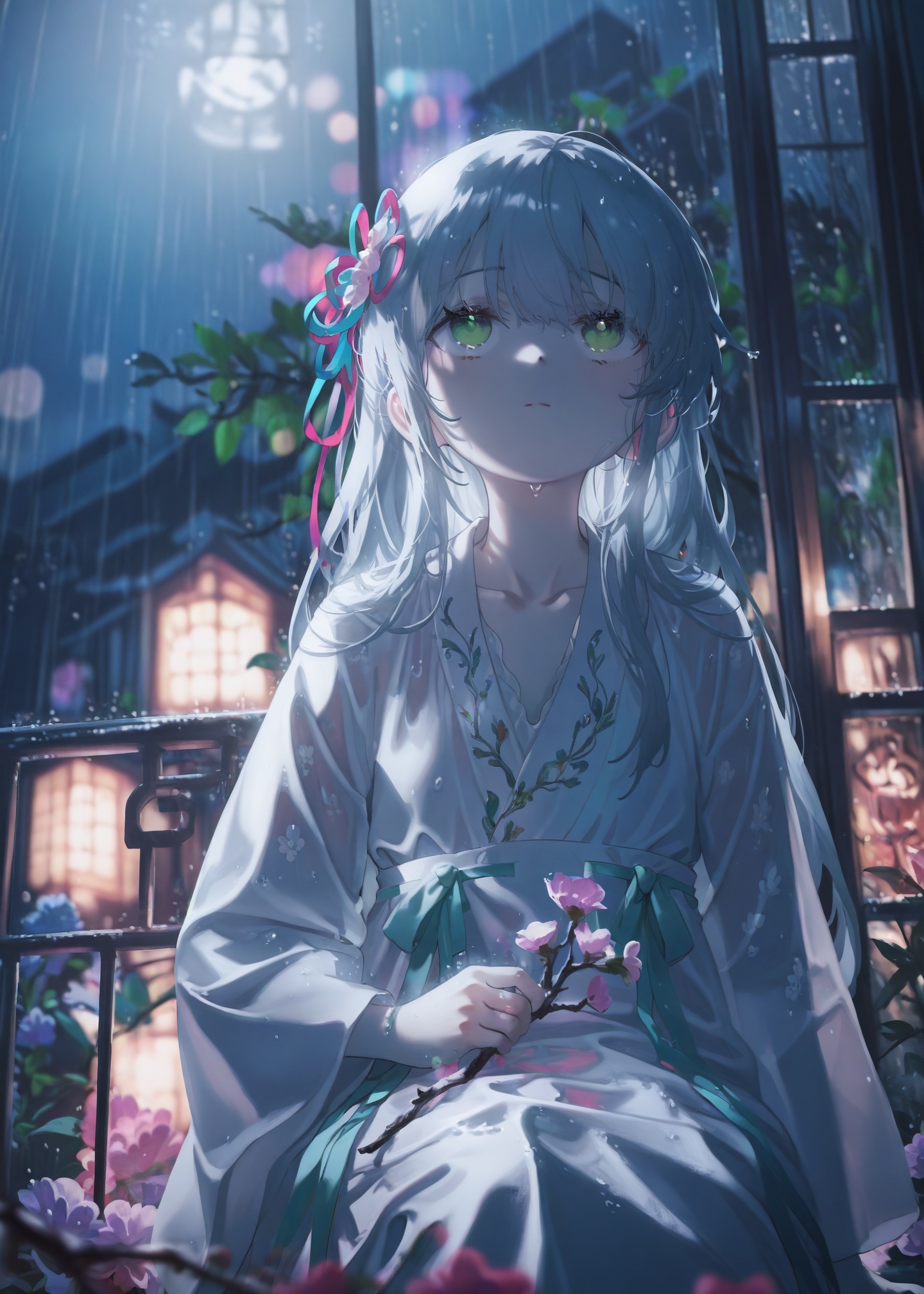 masterpiece,absurdres,best quality,petite,high quality,//,illustration,ultra detailed,hdr,Depth of field,(colorful),hanfu,1girl,loli,solo,green eyes,chinese clothes,rain,flower,window,night,wide sleeves,ribbon,long sleeves,grey hair,long hair,hair ribbon,indoors,branch,collarbone,looking up,holding,sitting,closed mouth,//,<lora:konya_karasue2——【CKXL】hans:0.85>,