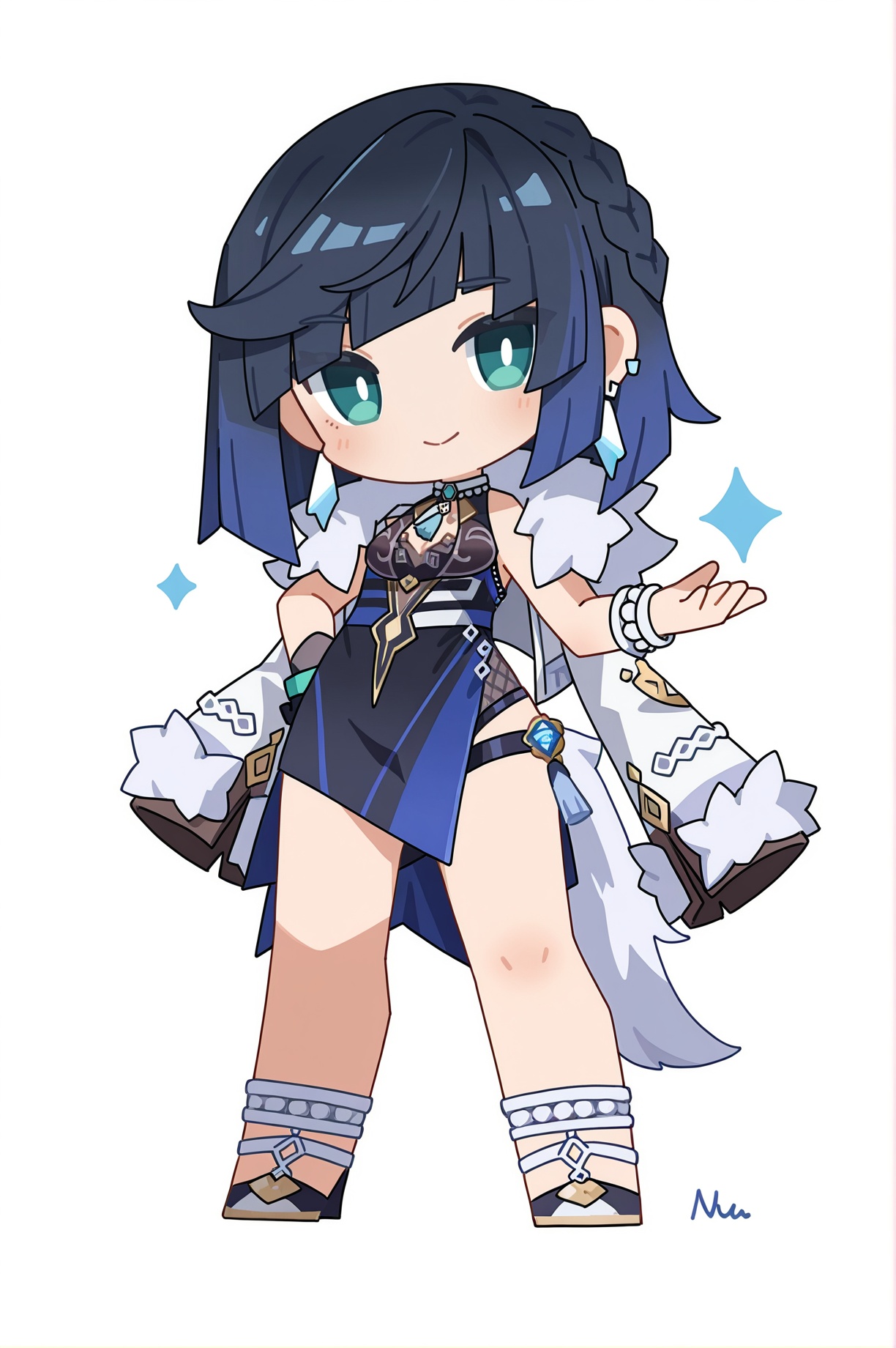8k,best quality,masterpiece,(ultra-detailed),(high detailed skin),<lora:初玖玖-五体方块:0.8>,artist:chujiujiu,chibi,full body,full shot,standing,looking at viewer,(solo:1.2),simple background,(white background:1.2),hand on own hip,(white background:1.1),<lora:yela_new-ill-Tanger:0.8>,yelan \(genshin impact\),clothes: yelanew blue-and-black dress,yelanew alternate costume,1girl,yelanew single glove,jewelry,bracelet,blue hair,bangs,green eyes,sleeveless,fur trim,