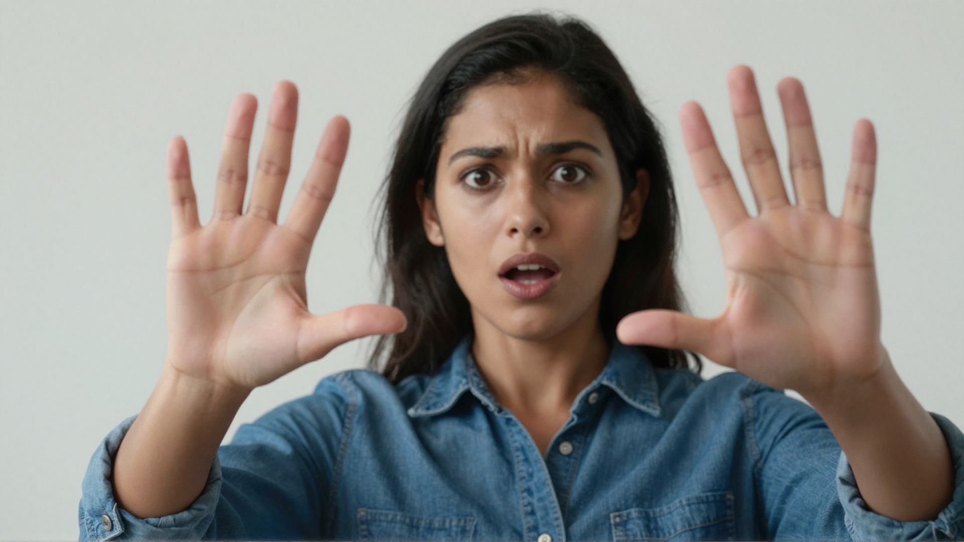 Hyperrealistic art of cinematic realistic style,  sharp detailed image of a surprised woman in a blue shirt is making a fa...