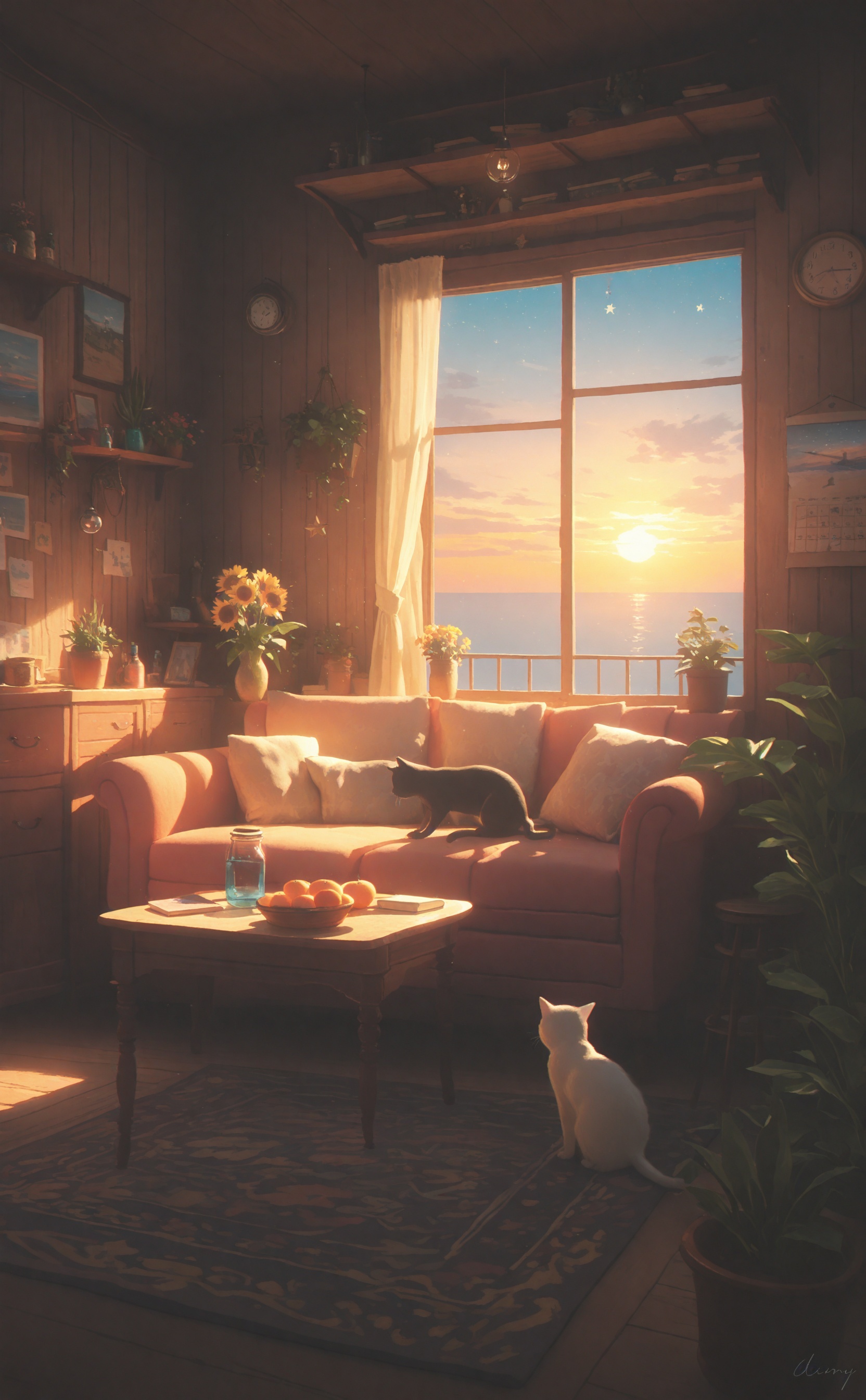 masterpiece,absurdres,best quality,loli,petite,high quality,chromatic_aberration,cinematic_angle,dutch angle,//,cat, bookshelf, plant, potted plant, wooden floor, black cat, rug, flower, window, scenery, painting (object), couch, indoors, no humans, curtains, book, chair, clock, pillow, drawing (object), ocean, carpet, cushion, cloud, sky, sun, picture frame, vase, star (symbol), flower pot, yellow flower, shelf, lamp, light bulb, painting (medium), traditional media, sunset, armchair, animal, sitting, loaded interior, horizon, wallpaper (object), photo (object), orange flower, water, table, analog clock, food, moon, wall clock, hanging plant, fish, orange sky, white cat, bottle, open window, watercolor (medium), hanging light, cactus, lantern, cabinet, book stack, orange (fruit), star (sky), bed, sun symbol, jar, globe, cloudy sky, door, on couch, bird, sunflower, poster (object), blue sky, red flower, day, windowsill, wooden wall, calendar (object), drawer, sunlight, twilight, box, fantasy, fruit, stool, evening, artist name, cup, vines, bulletin board<lora:Fumyun-000030:0.5>,<lora:konya666up-000025:0.5>,