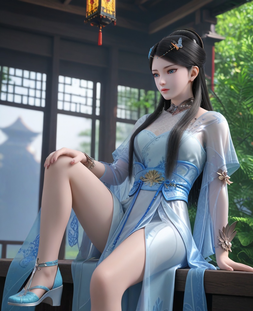 (oriental architecture, elegant decor, sophisticated style:1.1),(Sitting, with one leg extended, leaning on the other knee,:1.1),(breasts:1.2),<lora:XL16墓王之王寒千落:0.95>,miss hanqianluo,solo,pale blue dress,see-through,blue eyes,black hair,long hair,hair ornament,hanging hair,sash,wrist cuffs,pelvic curtain,blue heels,, score_9,score_8_up,score_7_up,score_6_up,score_5_up,score_4_up,3d rendering,tag1,tag2, Cinematic Lighting,backlighting,