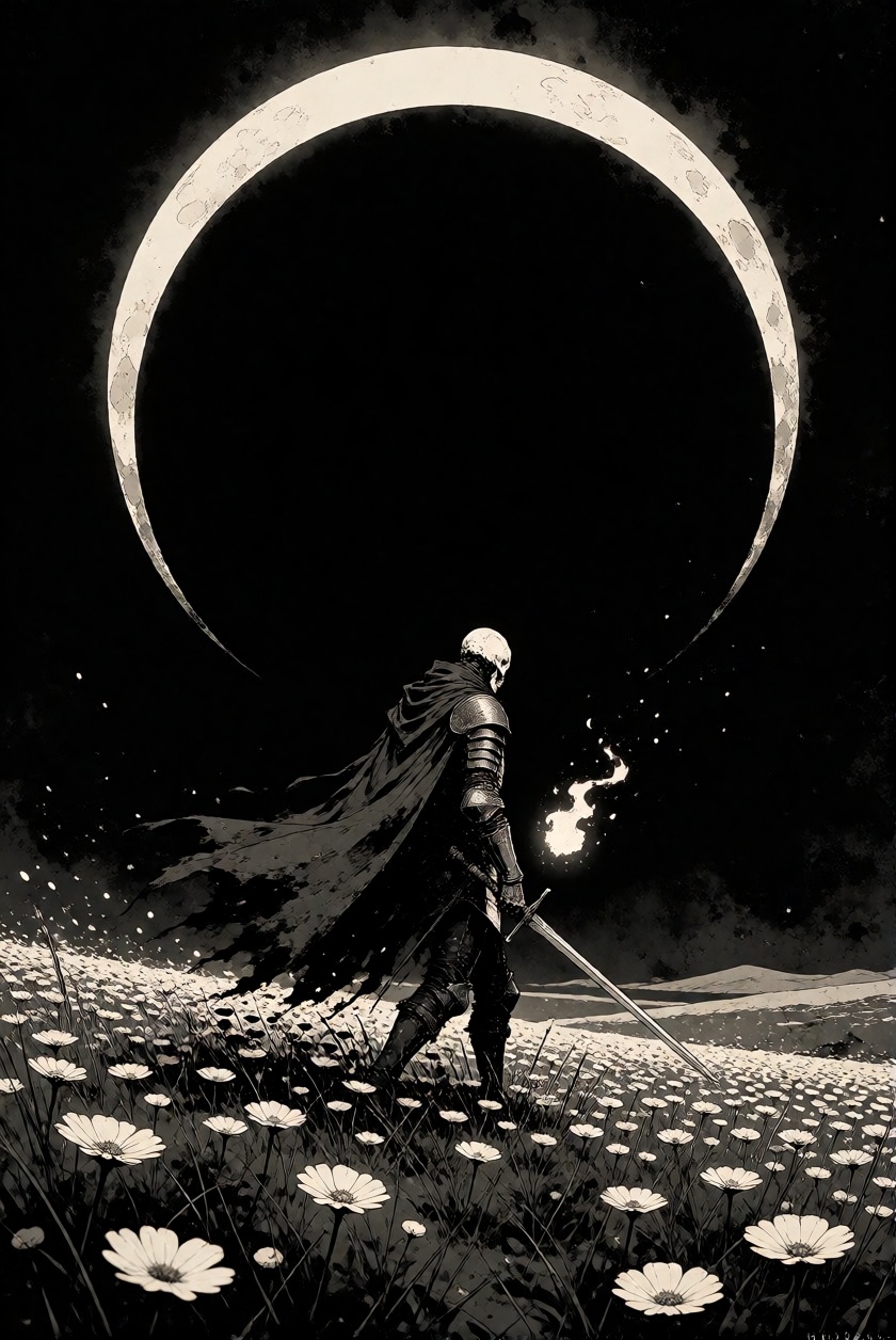 MMMDaal,  monochrome dark fantasy illustration,  a lone skeletal knight crossing a vast field of pale flowers beneath an e...