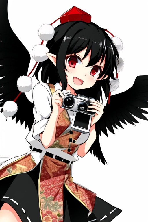 shameimaru aya,1girl,hat,solo,wings,red eyes,black hair,smile,open mouth,pointy ears,camera,4 pom pom \(clothes\),<lora:aya5:1>,cheongsam,