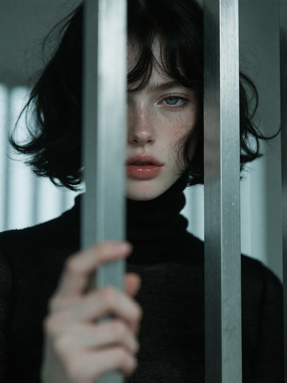 young woman with a black bob and pale freckled skin peering from behind vertical metal slats,  wearing a high-neck black t...