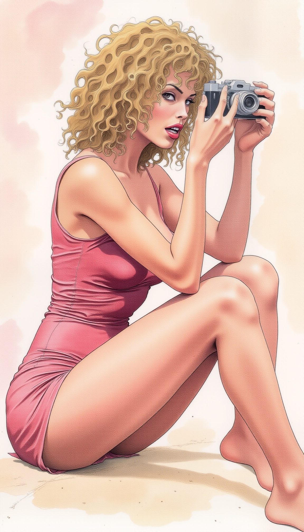 This is a detailed,  vibrant watercolor illustration featuring a stylized,  provocative scene. The central figure is a wom...