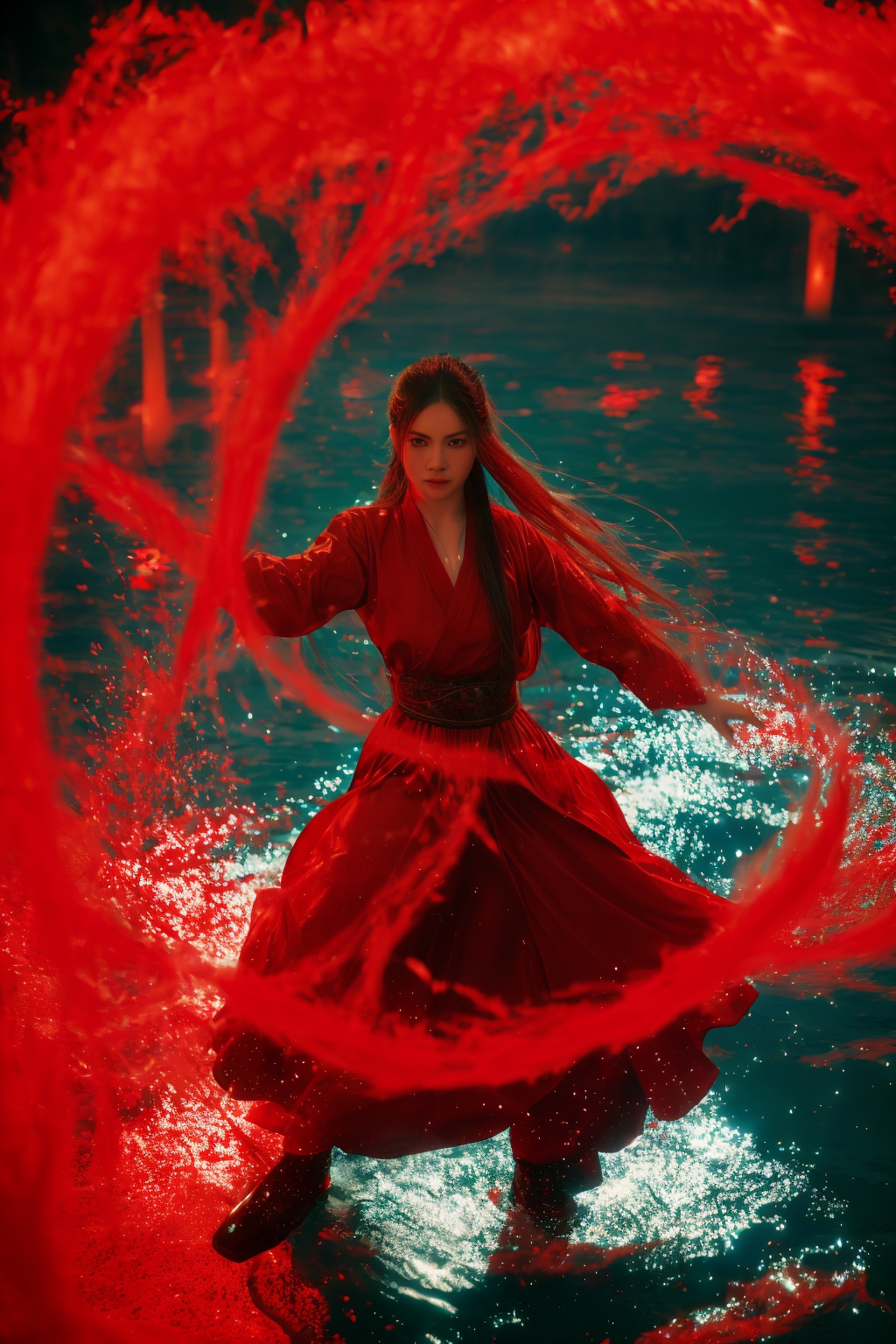 dancing,fighting stance,red-water-aura,using red-water-magic,red-water-magic,1girl,solo,long hair,blue eyes,common face,full body,<lora:magic_fighting_red_512_15:0.8>,