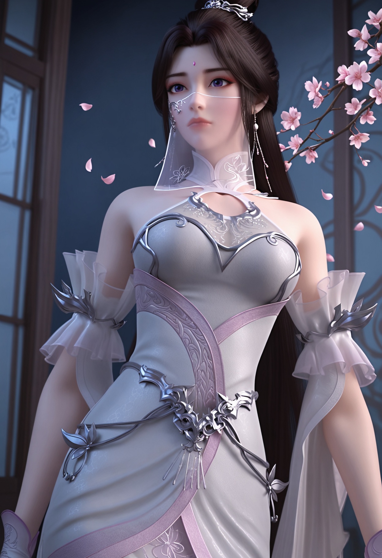 (upper_body:1.2),(looking at viewer:1.1),masterpiece,(best quality),smog,Dark room,dim lighting,peach blossom,falling petals,<lora:YQ_Illustrious光辉v5_月婵2.0_V2:0.8>,q1528437228,1girl,solo,long hair,white dress,jewelry,earrings,forehead mark,black hair,brown hair,hair ornament,hair bun,mouth veil,detached sleeves,single hair bun,purple eyes,breasts,expressionless,shoes,see-through,