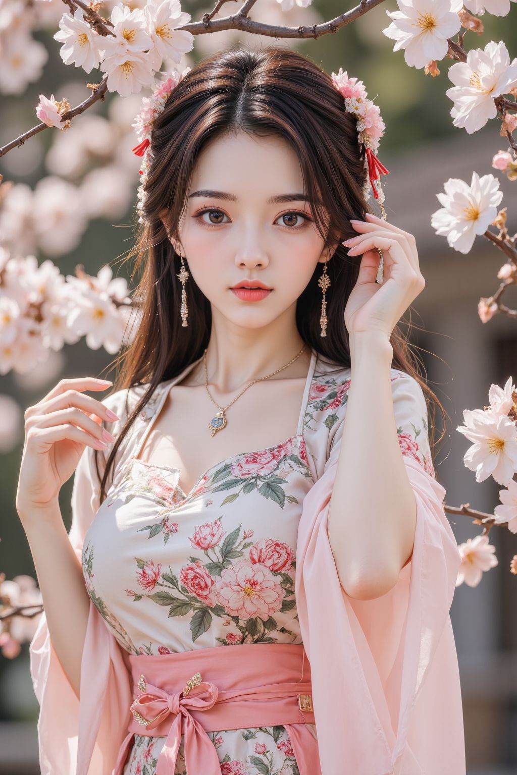 A woman with long hair and brown eyes, wearing a chinese skirt, full body, outdoors, flowers,