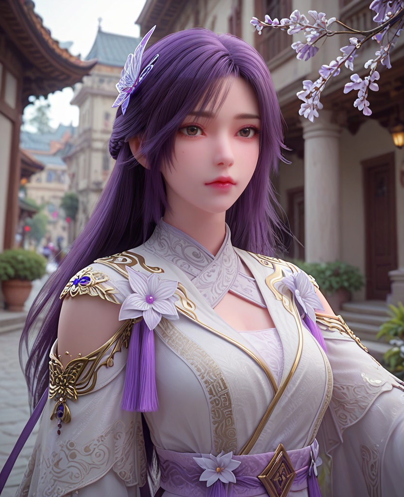 (oriental architecture, elegant decor, sophisticated style:1.1),Standing with one foot on a step or platform,(breasts:1.2),<lora:XL完美世界云曦易容:0.8>,miss moxi,solo,white dress,sash,purple fart curtain,shawl,clothing cutout,long sleeves,shoulder cutout,brown eyes,purple hair,long hair,butterfly hair ornament,flower ornament,tassel,lips,jewelry,, zPDXL2, score_9, score_8_up, score_7_up BREAK realistic, masterpiece,best quality, highly detailed,, zPDXL3, zPDXL2,zPDXL, zPDXLxxx, zPDXLrl,