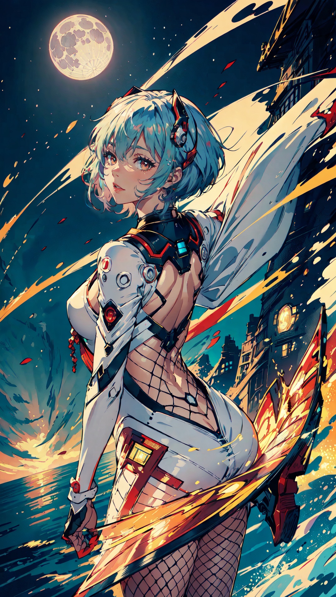 fishnet  pantyhose,high heels,(best quality, masterpiece, colorful, dynamic angle, highest detailed)(\Rei Ayanami\),upper body photo,fashion photography of cute girl (\Rei Ayanami\),red eyes,dressing high detailed Evangelion white suit (high resolution textures),in dynamic pose,bokeh,(intricate details, hyperdetailed:1.15),detailed,moonlight passing through hair,(fantasy background, official art, extreme detailed, highest detailed),HDR+,<lora:merged_0013:0.6>,