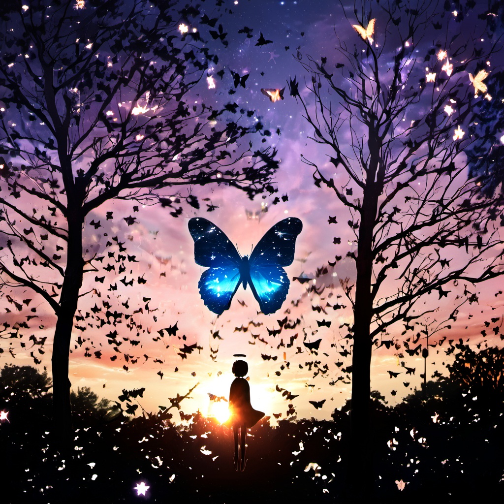 butterfly wings,bug,wings,scenery,solo,silhouette,butterfly,sky,tree,no humans,light particles,fairy,sunset,nature,outdoors,star (sky),glowing,twilight,<lora:star_xl_v3:1>,