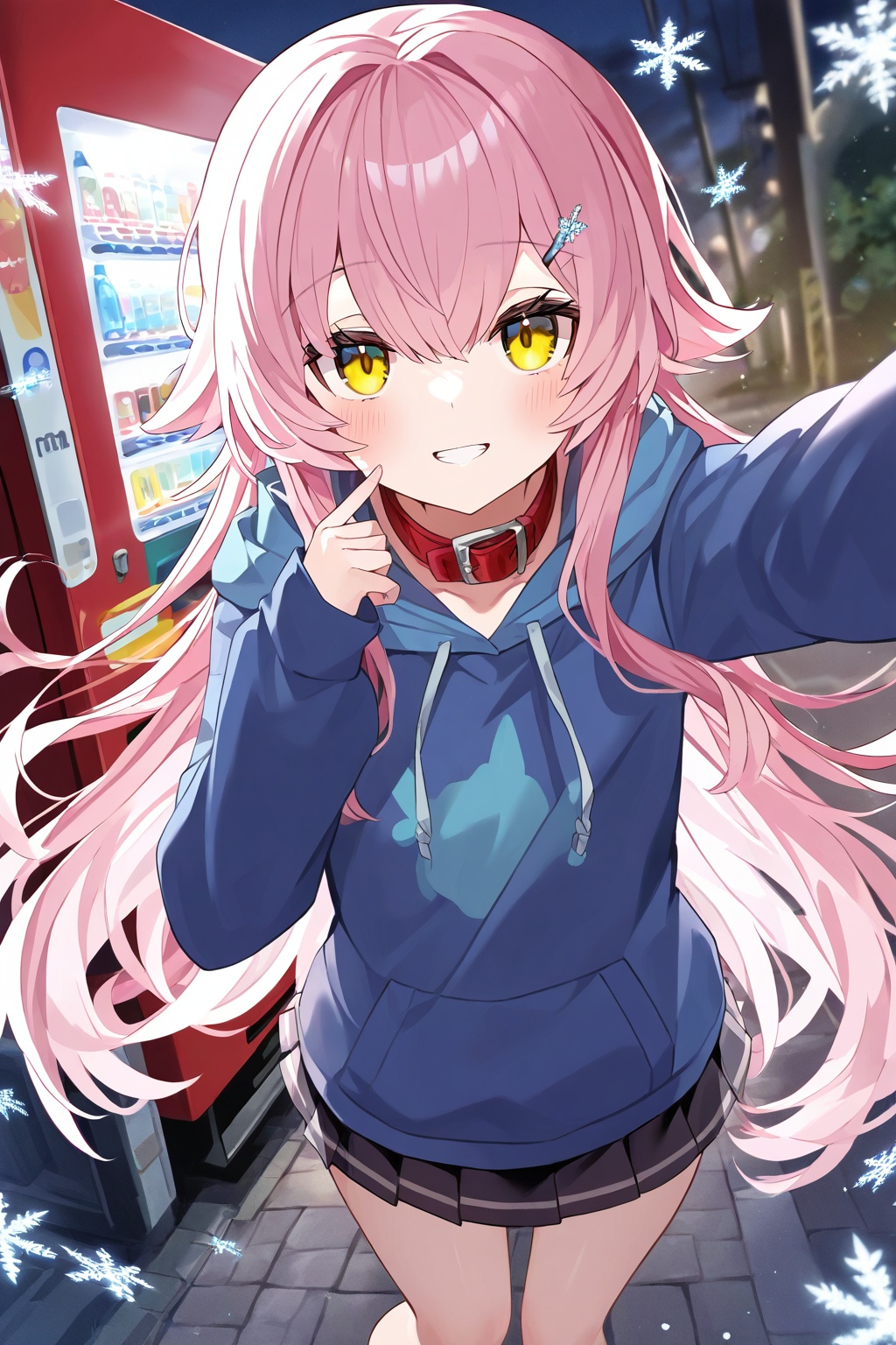 1girl, solo, long hair, looking at viewer, blush, smile, bangs, skirt, hair ornament, long sleeves, hair between eyes, very long hair, standing, yellow eyes, pink hair, pleated skirt, outdoors, hairclip, hood, black skirt, grin, collar, hoodie, hood down, snowflakes, red collar, blue hoodie, vending machine