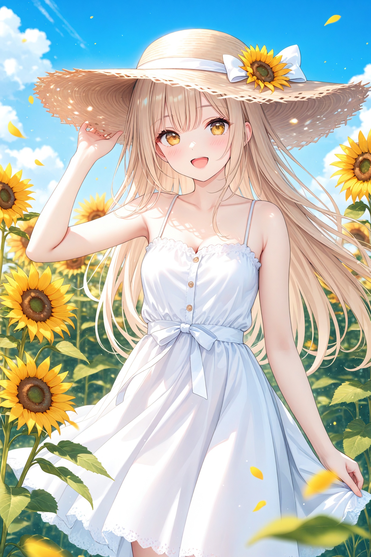 (masterpiece),(best quality),illustration,ultra detailed,hdr,Depth of field,(colorful),1girl,hat,sunflower,solo,flower,outdoors,long hair,smile,open mouth,day,looking at viewer,sleeveless,sky,yellow eyes,cloud,:d,petals,straw hat,bare shoulders,breasts,hand on headwear,white dress,dress,yellow flower,bangs,very long hair,collarbone,blue sky,blush,flower field,sun hat,bare arms,bow,field,brown headwear,small breasts,standing,sundress,arm up,skirt,hand up,white skirt,hat bow,cleavage,spaghetti strap,ribbon,blurry foreground,hat ribbon,white bow,blurry,