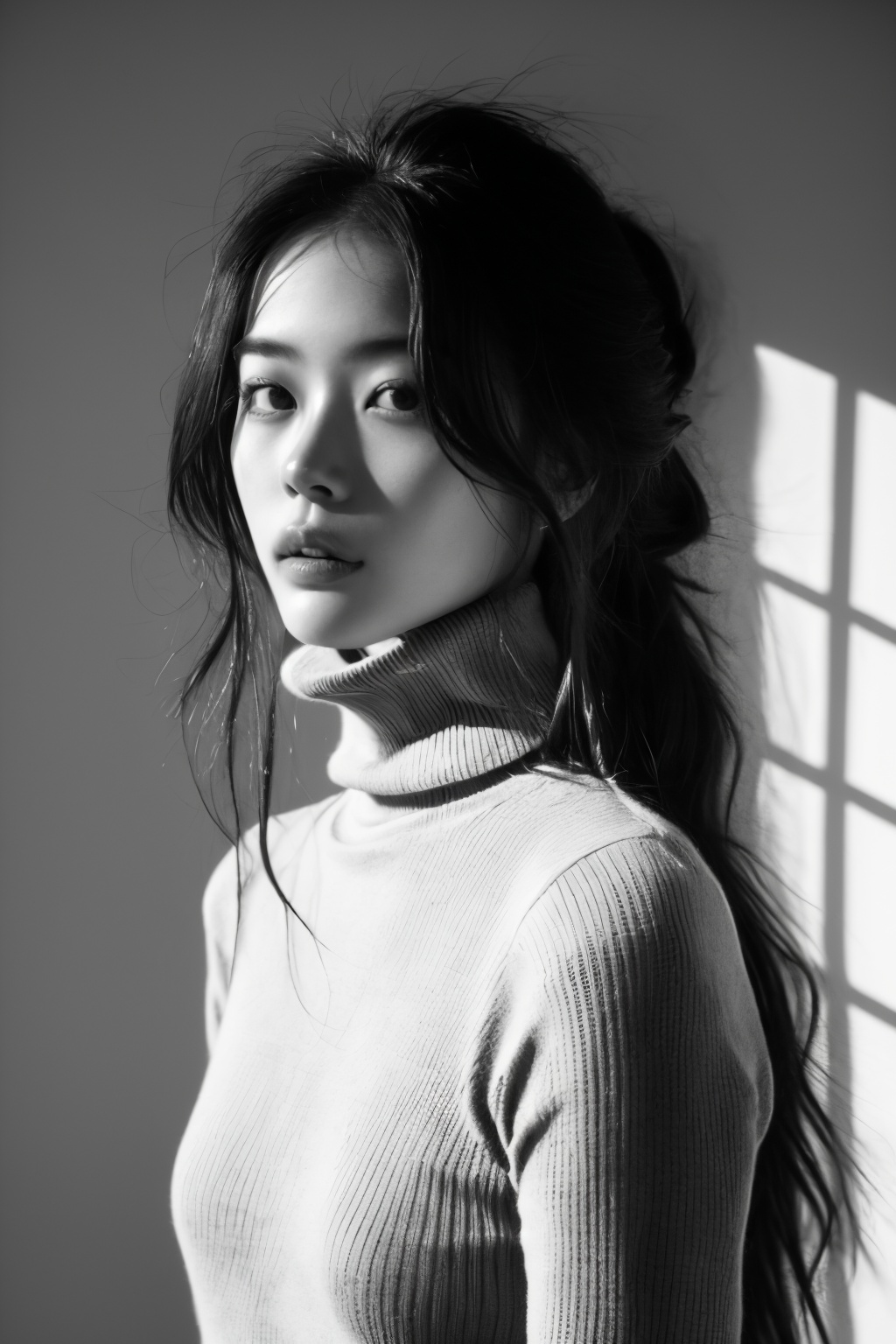 monochrome,1girl,solo,looking at viewer,long hair,turtleneck,upper body,, masterpiece, best quality,