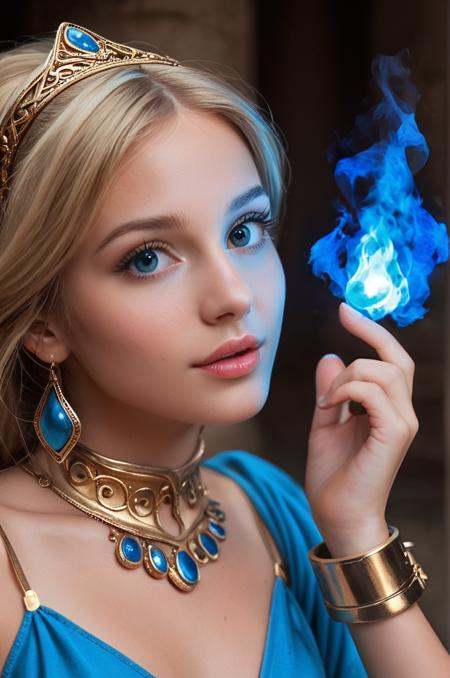 score_9, score_8_up, score_7_up, cinematic photo, close-up, 1girl, beautiful cute face, parted lips, a blonde woman, she is wearing a blue genie costume, the genie has blue eyes, the girl has golden cuffs and has blue fire magic, blue fire, 1girl, dress, realistic,