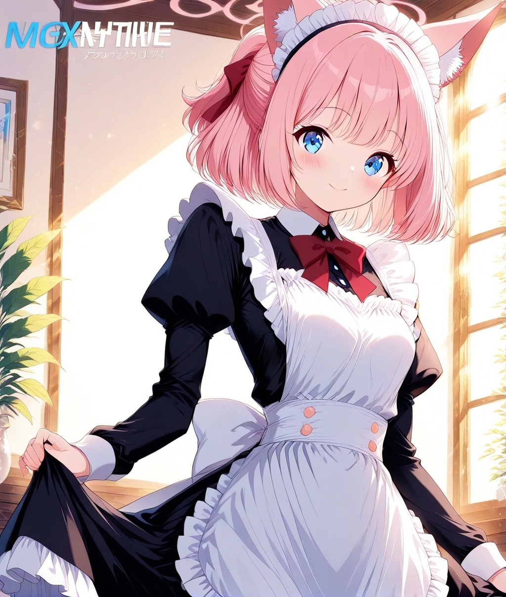 O,ultra detailed anime texture,Yazawa Nico(blue archive),Blue aura,Yazawa Nico(blue archive),1girl, solo, animal ears, pink hair, blue eyes, smile, maid, apron, maid headdress, long sleeves, juliet sleeves, white apron, puffy sleeves, bow, looking at viewer, blush, red bow, dress, animal ear fluff, indoors, bangs, frilled apron, frills, window, red bowtie, closed mouth, short hair, bowtie, black dress, maid apron, skirt hold, breasts, cat ears, halo, ribbon, standing, medium breasts, copyright name, cowboy shot,(UHD),ccurate,super detail,award winning,high quality,best quality,high details,textured skin,anatomically correct,retina,HD,16k,