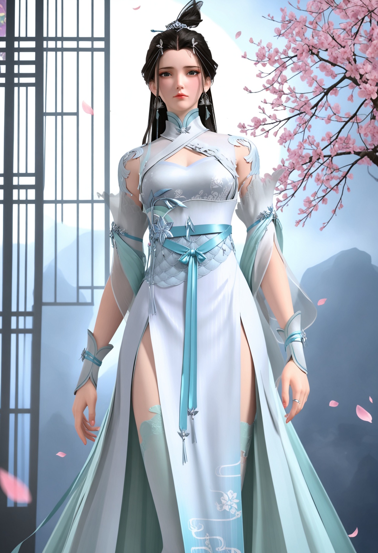 (standing full_body:1.1),(looking at viewer:1.1),masterpiece,(best quality),smog,Dark room,dim lighting,peach blossom,falling petals,<lora:YQ_Illustrious光辉v5_萧轻雪_V1:0.8>,q1528437228,solo,1girl,long hair,dress,black hair,jewelry,white dress,earrings,hair ornament,chinese clothes,hair bun,forehead mark,sash,brown hair,thighhighs,single hair bun,china dress,white thighhighs,long sleeves,detached sleeves,side slit,gloves,hair rings,