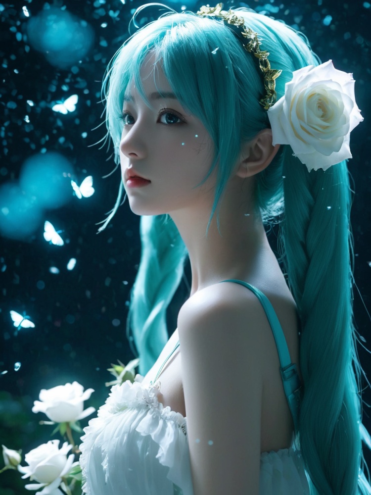 breathtaking face focus, masterpiece, best quality, 1girl, hatsune miku, white roses, petals, night background, fireflies, light particle, solo, aqua hair with twin tails, aqua eyes, standing, pixiv, depth of field, cinematic composition, best lighting, looking up . award-winning, professional, highly detailed
